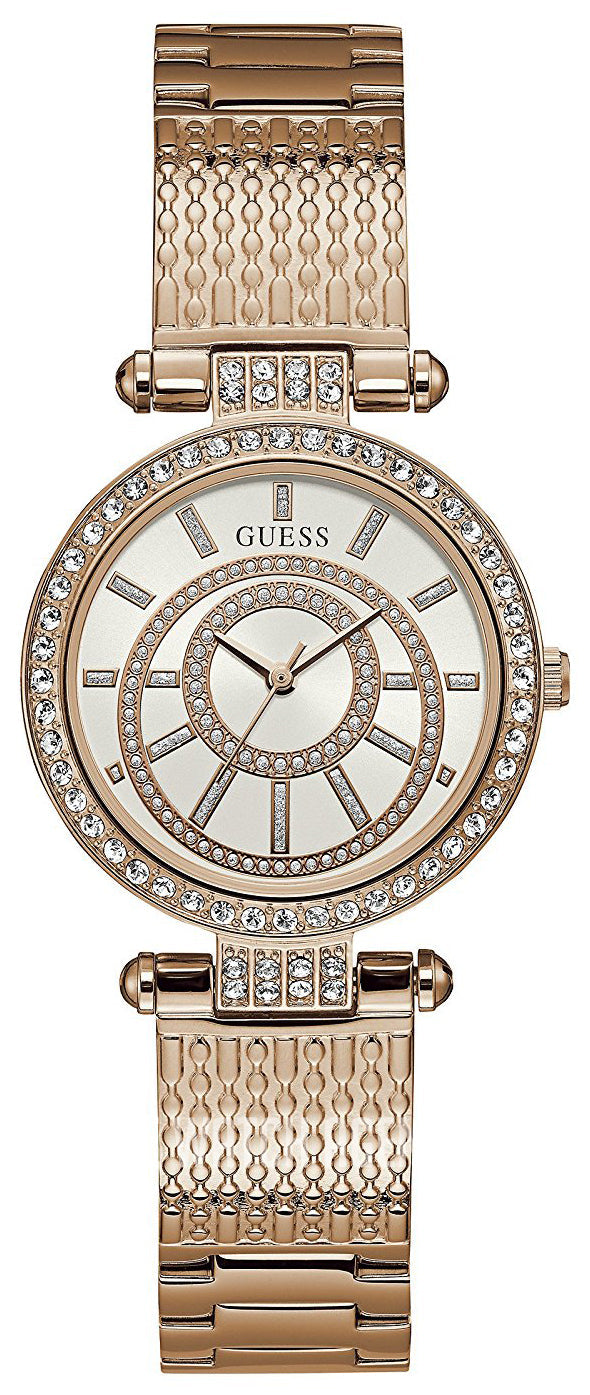 Guess Muse Quartz Silver Dial Rose Gold Steel Strap Watch For Women - W1008L3