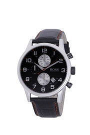Hugo Boss Aeroliner Black Dial Black Leather Strap Watch for Men - 1512631