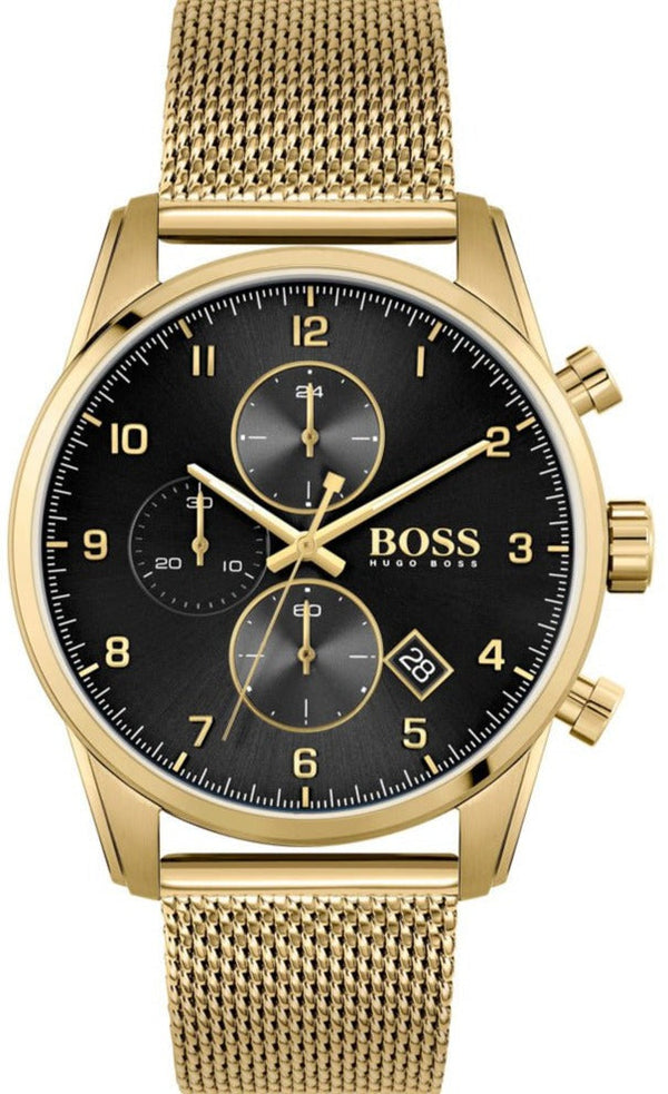 Hugo Boss Skymaster Chronograph Black Dial Gold Mesh Bracelet Watch for Men - 1513838