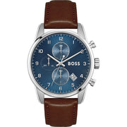 Hugo Boss Skymaster Chronograph Blue Dial Brown Leather Strap Watch for Men - 1513940