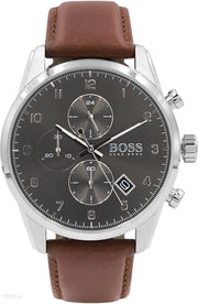 Hugo Boss Skymaster Chronograph Grey Dial Brown Leather Strap Watch for Men - 1513787