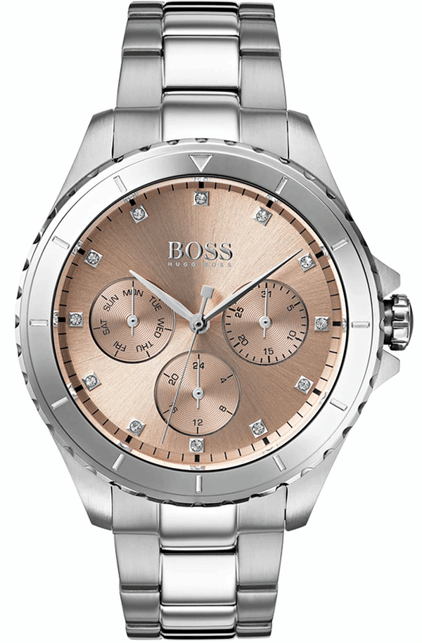 Hugo Boss Premiere Chronorgaph Rose Gold Dial Silver Steel Strap Watch for Women - 1502444