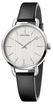 Calvin Klein Even Silver Black Leather Strap Watch for Women - K7B231C6