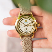 Tory Burch The Tory Chronograph White Dial Maroon Jacquard Strap Watch for Women - TBW1050