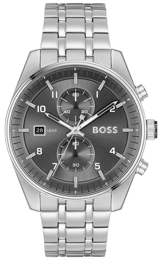 Hugo Boss Skytraveller Chronograph Grey Dial Silver Steel Strap Watch for Men - 1514151