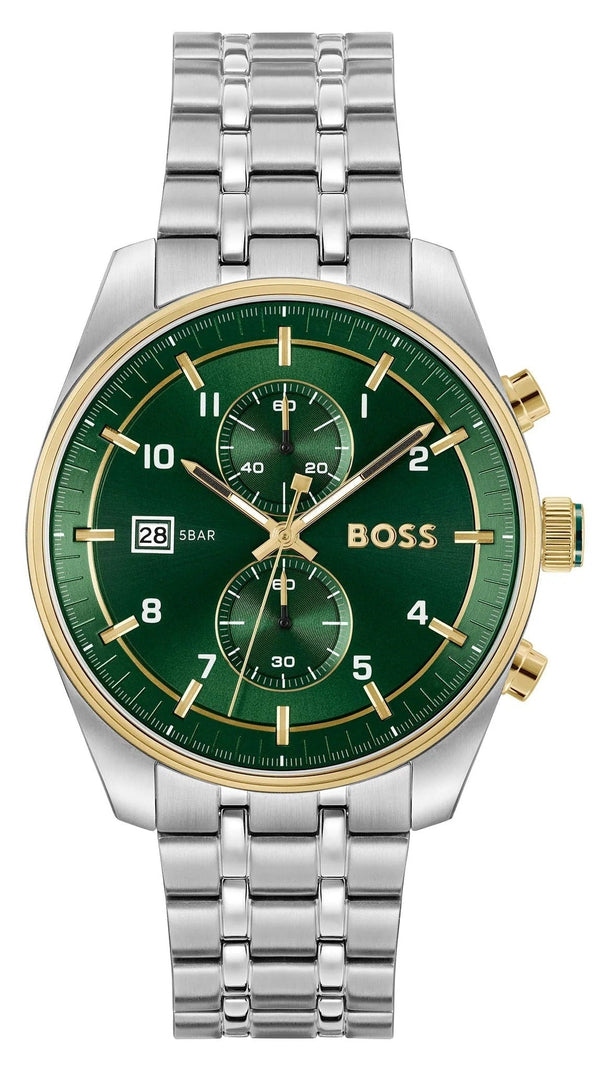 Hugo Boss Skytraveller Chronograph Green Dial Silver Steel Strap Watch for Men - 1514195