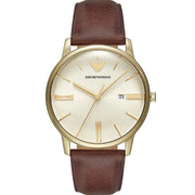 Emporio Armani Minimalist Quartz Gold Dial Brown Leather Strap Watch for Men - AR11610