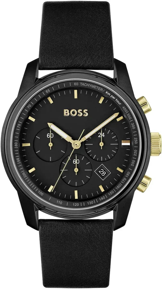 Hugo Boss Trace Chronograph Black Dial Black Leather Strap Watch for Men - 1514003