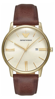 Emporio Armani Minimalist Quartz Gold Dial Brown Leather Strap Watch for Men - AR11610