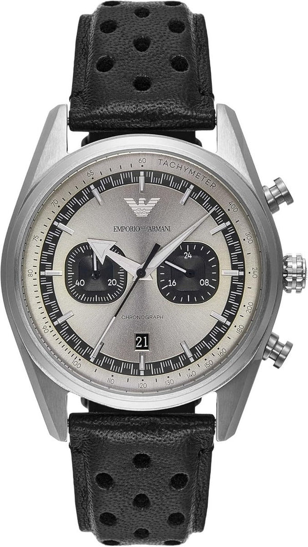 Emporio Armani Racer Chronograph Silver Dial Black Leather Strap Watch for Men - AR11677