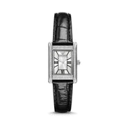 Emporio Armani Two Hand Crystals Silver Dial Black Leather Strap Watch for Women - AR11623