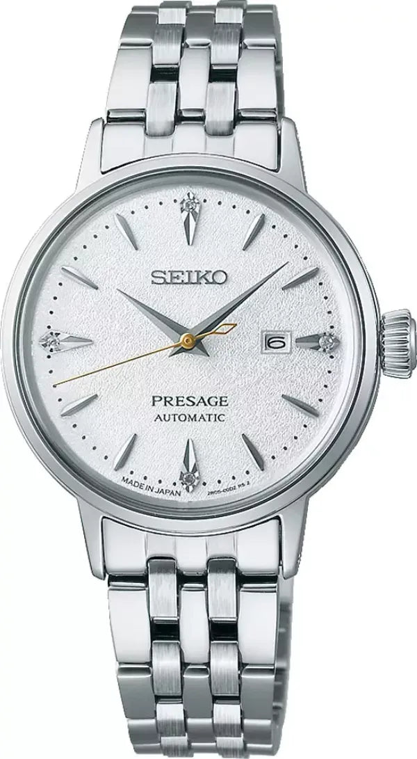 Seiko Presage Cocktail Time Automatic Diamonds White Dial Silver Steel Strap Watch for Women - SRE017J1