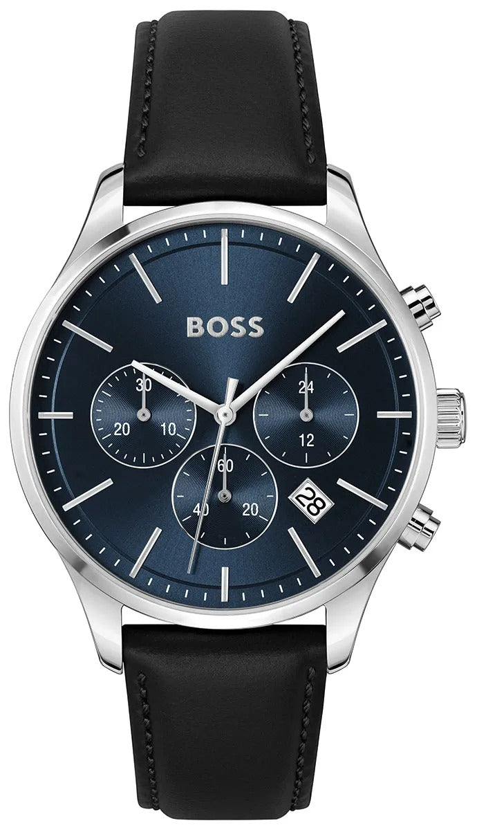Hugo Boss Avery Chronograph Blue Dial Black Leather Strap Watch for Men - 1514156