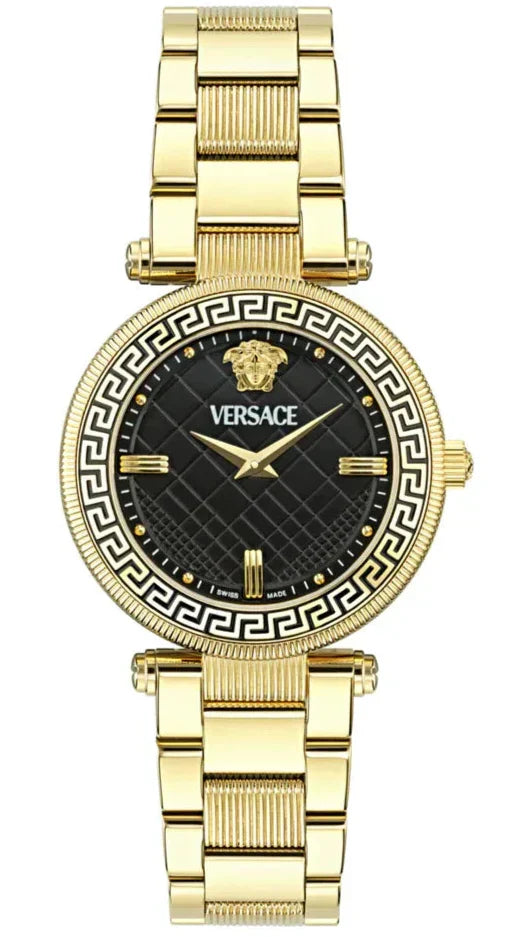 Versace Reve Analog Black Dial Gold Steel Strap Watch for Women - VE8B00624