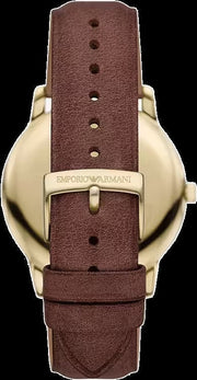 Emporio Armani Minimalist Quartz Gold Dial Brown Leather Strap Watch for Men - AR11610