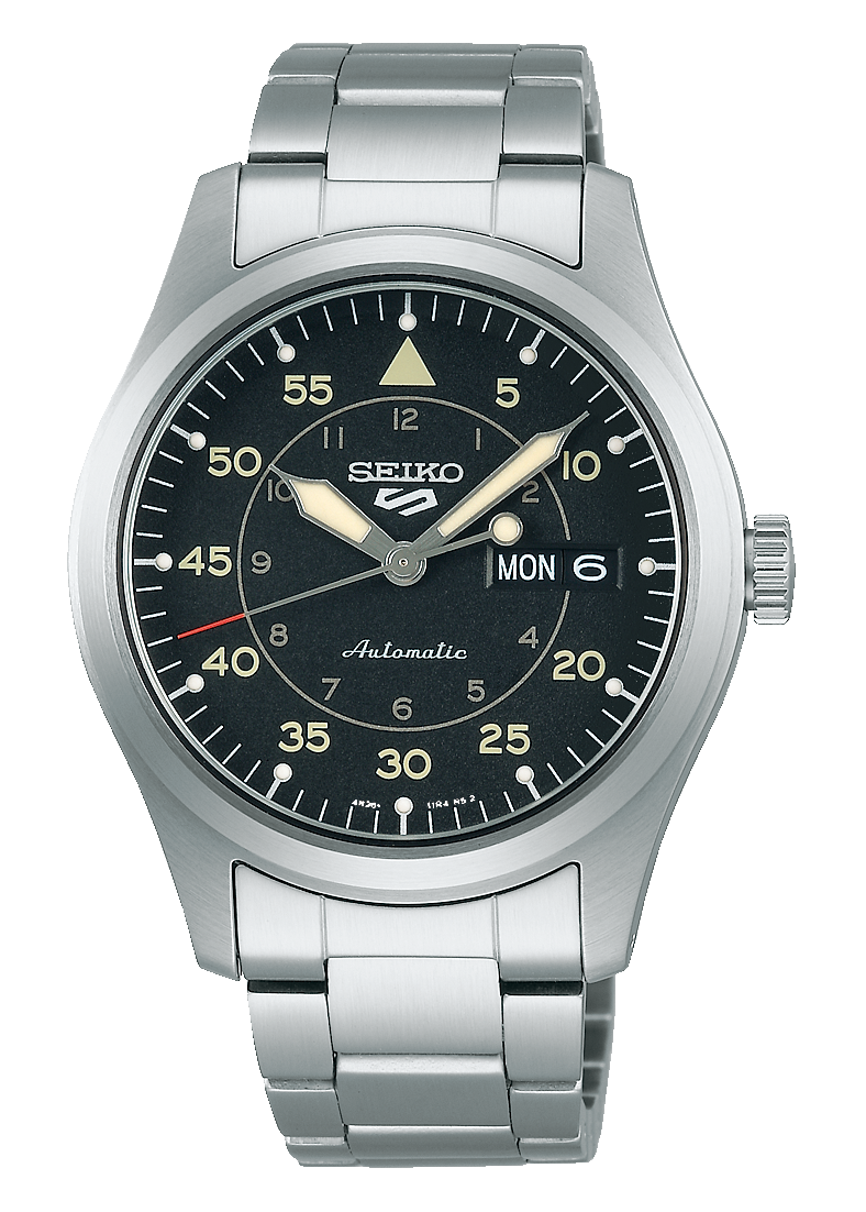 Seiko 5 Sports Flieger Automatic Black Dial Silver Steel Strap Watch for Men - SRPH27K1