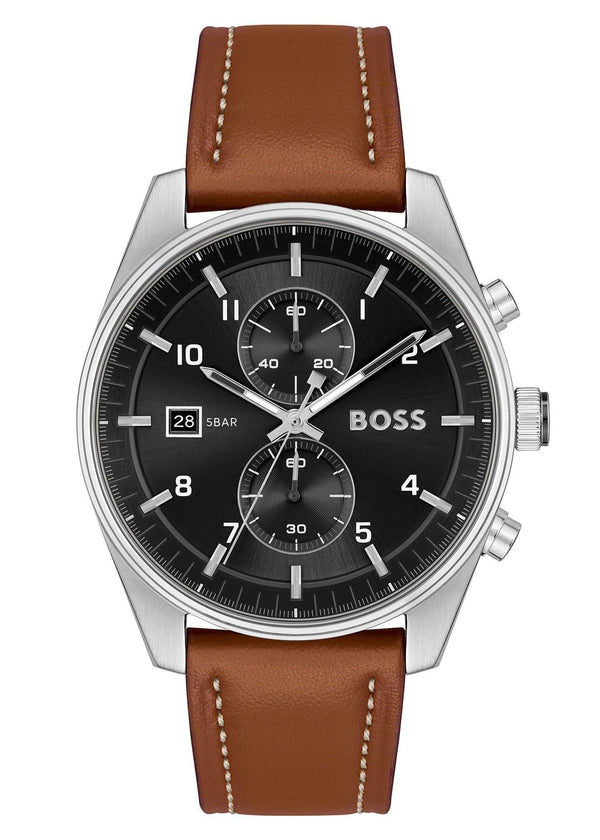 Hugo Boss Skytraveller Chronograph Black Dial Blue Leather Strap Watch for Men - 1514161
