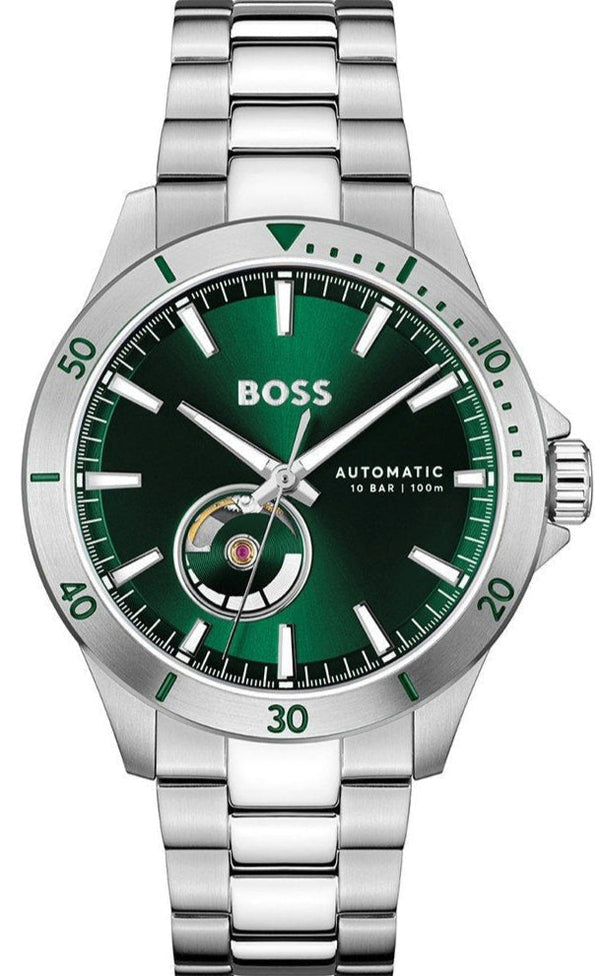 Hugo Boss Troper Automatic Chronograph Green Dial Silver Steel Strap Watch for Men - 1514200