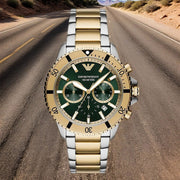 Emporio Armani Sea Explorer Chronograph Green Dial Two Tone Steel Strap Watch for Men - AR11586