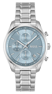 Hugo Boss Grand Tour Chronograph Ice Blue Dial Silver Steel Strap Watch for Women - 1502767