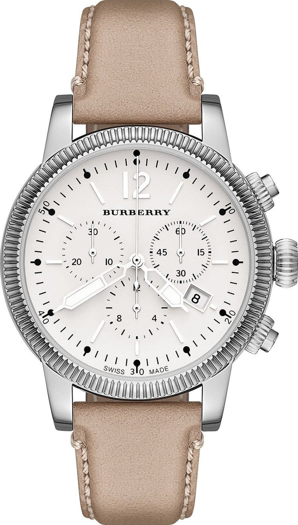 Burberry Utilitarian Chronograph White Dial Pink Leather Strap Watch for Women - BU7816