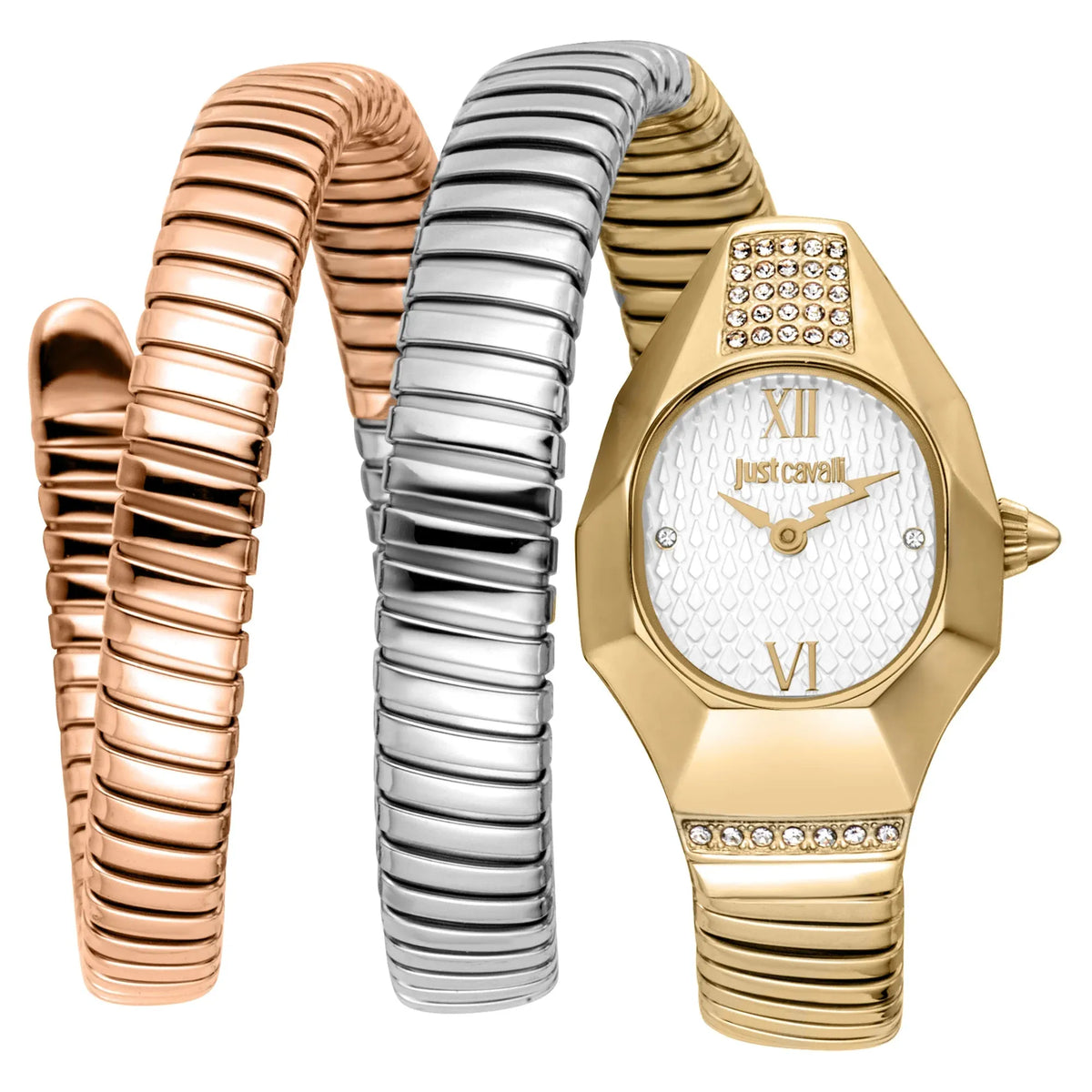 Just Cavalli Lunara Silver Dial Tri Tone Steel Strap Watch for Women - JC1L397M0095