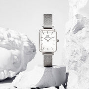 Daniel Wellington Quadro Sterling White Dial Silver Mesh Strap Watch For Women - DW00100438