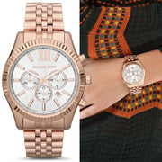 Michael Kors Lexington Chronograph White Dial Rose Gold Steel Strap Watch For Women - MK8313