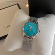 Gucci G-Timeless Turquiose Mother of Pearl Dial Silver Mesh Bracelet Watch For Women - YA1264039