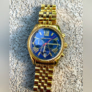 Michael Kors Lexington Chronograph Blue Dial Gold Steel Strap Watch For Women - MK6206