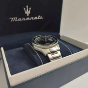 Maserati SFIDA Chronograph Black Dial Silver Steel Strap Watch For Men - R8853140005