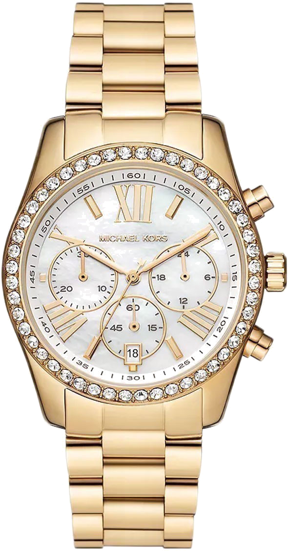 Michael Kors Lexington Mother of Pearl White Dial Gold Steel Strap Watch For Women - MK7241