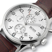 Hugo Boss Aeroliner Chronoraph White Dial Brown Leather Strap Watch For Men - 1512447