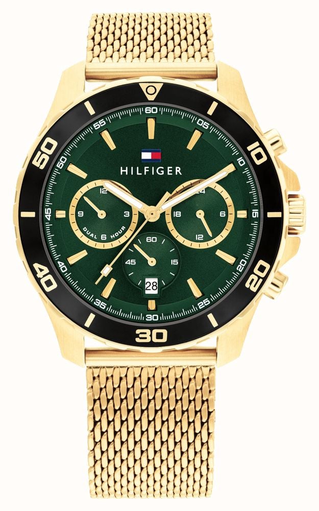 Tommy Hilfiger Jordan Chronograph Green Dial Gold Mesh Strap Watch For Men - 1792093