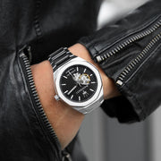 Maserati Stile Skeleton Automatic Black Dial Silver Steel Strap Watch For Men - R8823142002