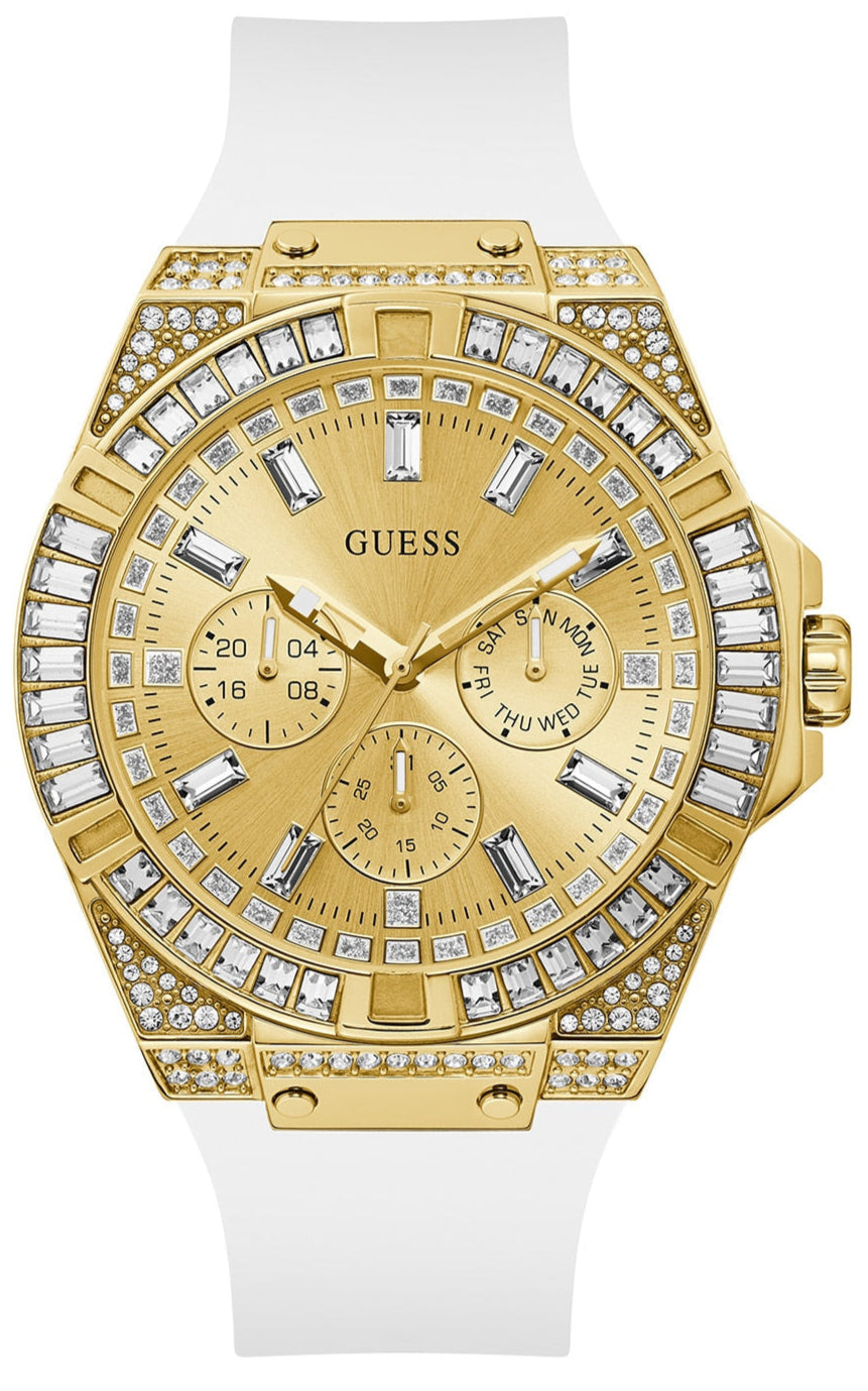 Guess Baguette Crystals Gold Dial White Silicone Strap Watch For Men - GW0208G3