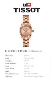 Tissot T Classic PR 100 Donna Rose Gold Lady Small Watch For Women - T101.010.33.451.00
