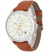 Hugo Boss Grand Prix Chronograph White Dial Brown Leather Strap Watch for Men - 1513475