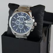 Diesel Mega Chief Chronograph Blue Dial Silver Steel Strap Watch For Men - DZ4417