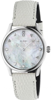 Gucci G-Timeless Mother of Pearl White Dial White Leather Strap Watch For Women - YA126597