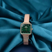 Daniel Wellington Quadro Studio Green Dial Rose Gold Mesh Strap Watch For Women - DW00100520